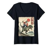Mujer Divertido Gato Montando T-Rex japonés Ukiyo-e Art Samurai Cat Camiseta Cuello V