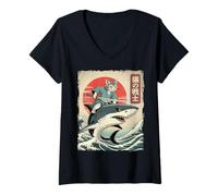 Mujer Divertido Gato Montando tiburón japonés Ukiyo-e Art Samurai Cat Camiseta Cuello V