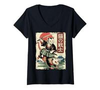 Mujer Divertido Gato Montando zarigüeya Japonesa Ukiyo-e Art Samurai Cat Camiseta Cuello V