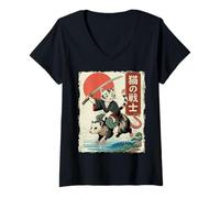 Mujer Divertido Gato Montando zarigüeya Japonesa Ukiyo-e Art Samurai Cat Camiseta Cuello V