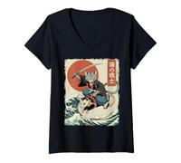 Mujer Divertido Gato Montando zarigüeya Japonesa Ukiyo-e Art Samurai Cat Camiseta Cuello V