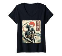 Mujer Divertido Gato Montando zarigüeya Japonesa Ukiyo-e Art Samurai Cat Camiseta Cuello V