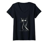 Mujer Divertido gato negro asesino gato con cuchillo gatos ventiladores Camiseta Cuello V