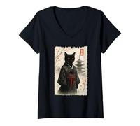 Mujer Divertido gato negro japonés Ukiyo-e con kimono Sumi-e Cat Art Camiseta Cuello V