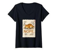 Mujer Divertido Gato Nope Lazy Orange Kitten Lady Lovers Sumi-e Kawaii Camiseta Cuello V