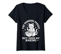 Mujer Divertido Gato preocupado horneando los horrores persisten Camiseta Cuello V