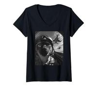 Mujer Divertido Gato siamés Selfie Fighter Jet Pilot Airplane Graphic Camiseta Cuello V