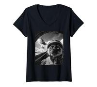 Mujer Divertido Gato siamés Selfie Fighter Jet Pilot Airplane Graphic Camiseta Cuello V
