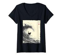 Mujer Divertido Gato Surfeando La Gran Ola Japonés Ukiyo-e Cat Camiseta Cuello V