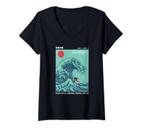 Mujer Divertido Gato Surfing Choshi Chiba Japón Wave Art Camiseta Cuello V