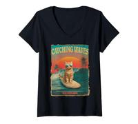 Mujer Divertido gato surfista retro de los 80 Catching Waves Not Feelings Camiseta Cuello V