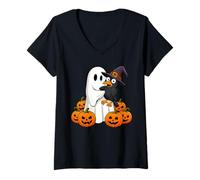 Mujer Divertido Ghost Crow Pumpkin Halloween Children's Hombre Mujer Camiseta Cuello V