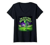 Mujer Divertido Golfing Alien The Slice from Outer Space Retro UFO Camiseta Cuello V