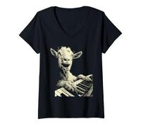 Mujer Divertido gráfico de Cabra Tocando el Piano músico Animal Pianista Camiseta Cuello V
