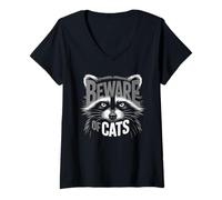 Mujer Divertido gráfico de Mapache Beware of Cats Camiseta Cuello V