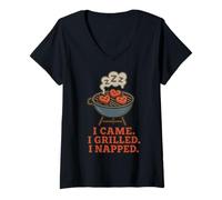 Mujer Divertido gráfico «I Came I Grilled I Napped» de BBQ Grill Camiseta Cuello V