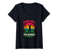 Mujer Divertido gráfico Retro de Golf Drive Into The Sunset Camiseta Cuello V