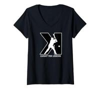 Mujer Divertido hacia atrás K Strikeout Mirando Lanzamiento de béisbol Camiseta Cuello V
