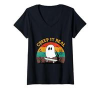 Mujer Divertido Halloween Ghost Skateboard Vintage Retro Creep it Real Camiseta Cuello V