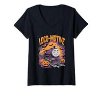 Mujer Divertido Halloween Loco-Motive Espeluznante Tren Aventura Camiseta Cuello V
