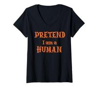 Mujer Divertido Halloween, Prented I Am a Human, Alien Costume Camiseta Cuello V