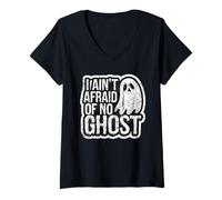 Mujer Divertido Halloween Retro Desgastado con la Frase «No Tengo Miedo de ningún Fantasma» Camiseta Cuello V