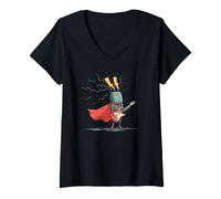 Mujer Divertido héroe Robot en Capa y Disfraz de Guitarra eléctrica Camiseta Cuello V