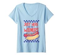 Mujer Divertido hot dog «Just Here For The Wieners» Cookout BBQ USA Camiseta Cuello V