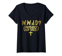 Mujer Divertido Humor Cristiano WWJD Él Voltearía Mesas Jesús Camiseta Cuello V