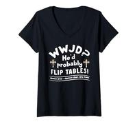 Mujer Divertido Humor Cristiano WWJD Él Voltearía Mesas Jesús Camiseta Cuello V