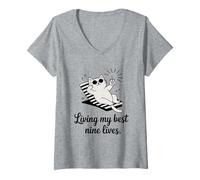 Mujer Divertido Juego de Palabras con Gatos viviendo mis Mejores Nueve Vidas Camiseta Cuello V