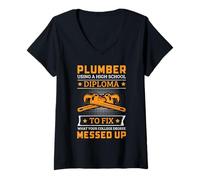 Mujer Divertido juego de palabras de fontanería de la universidad de fontanería, herramientas para instalar tuberías Camiseta Cuello V