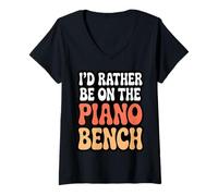 Mujer Divertido Juego de Palabras de Piano I'D Rather Be On The Piano Bench Camiseta Cuello V
