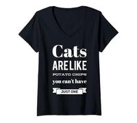 Mujer Divertido juego de palabras Los gatos son como papas fritas, no puedes tener solo una Camiseta Cuello V