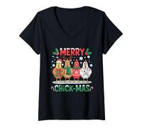 Mujer Divertido Juego de Palabras navideñas con Pollos de Navidad de Merry Chick-Mas Camiseta Cuello V