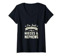 Mujer Divertido Justo aquí para mis sobrinas y sobrinos Diciendo Camiseta Cuello V