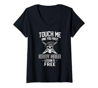 Mujer Divertido Krav Maga: Tócame Y Tu Primera Clase Será Gratis. Camiseta Cuello V