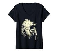 Mujer Divertido León Cantando Punk Rocker Animal Músico Grunge Música Camiseta Cuello V