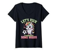 Mujer Divertido Let's Kick Algunos Grass Fútbol Unicornio Jugar Mamá Club Camiseta Cuello V