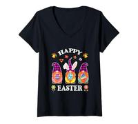 Mujer Divertido Lindo Conejito Tres gnomos sosteniendo Huevo Feliz día de Pascua Camiseta Cuello V
