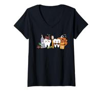 Mujer Divertido Lindo Halloween Calabaza Otoño Dentista Higienista Dental Camiseta Cuello V