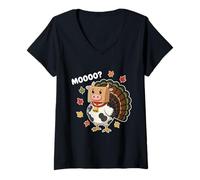 Mujer Divertido Lindo Pavo Vaca Mooooo Acción de Gracias otoño Hojas Camiseta Cuello V