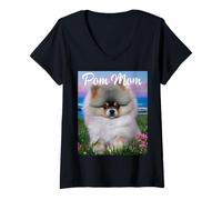 Mujer Divertido Lindo pompón mamá Perro Cachorro Pomerania Divertido Camiseta Cuello V