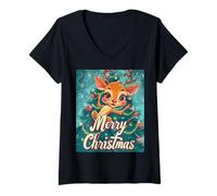 Mujer Divertido Lindo Reno Navidad Merry Christmas Xmas Camiseta Cuello V