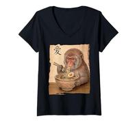 Mujer Divertido Macaco Japonés Comiendo Ramen Mono Kawaii Japonés Camiseta Cuello V