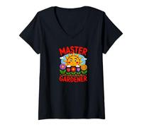 Mujer Divertido Maestro Jardinero con Sol Feliz Camiseta Cuello V