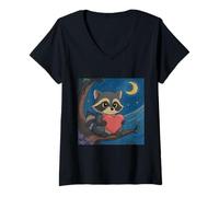 Mujer Divertido, mapache, tenencia, corazón, ilustración, diseño Camiseta Cuello V