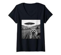 Mujer Divertido Mapache UFO Selfie Alien Nave Espacial Miedo Meme Humor Camiseta Cuello V