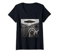 Mujer Divertido Mapache UFO Selfie Alien Nave Espacial Miedo Meme Humor Camiseta Cuello V