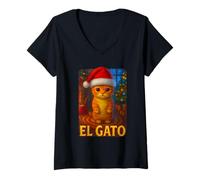 Mujer Divertido Meme con el Gato navideño de El Gato, Lindo Gatito navideño Camiseta Cuello V